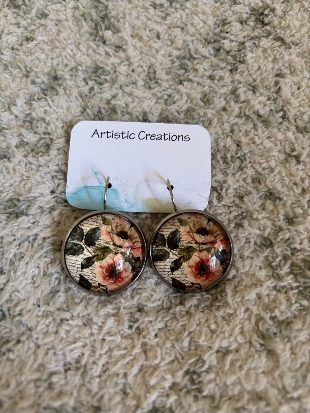 Rustic Floral Glass Canachon Pierced Earrings NWT HC Artistic Creations 1”
